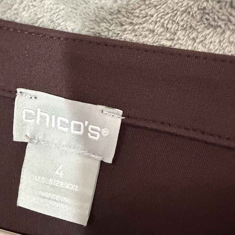 Chicos Top 2XL Sz 4 Women Plus Faux Leather Front Brown 3/4 Sleeve Button Detail